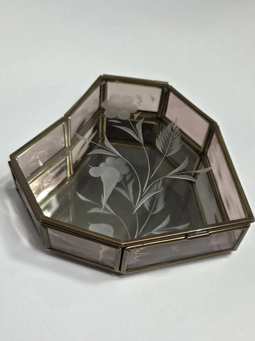 Glass Heart Jewelry Box with Etched Floral Design Y2K Coquette